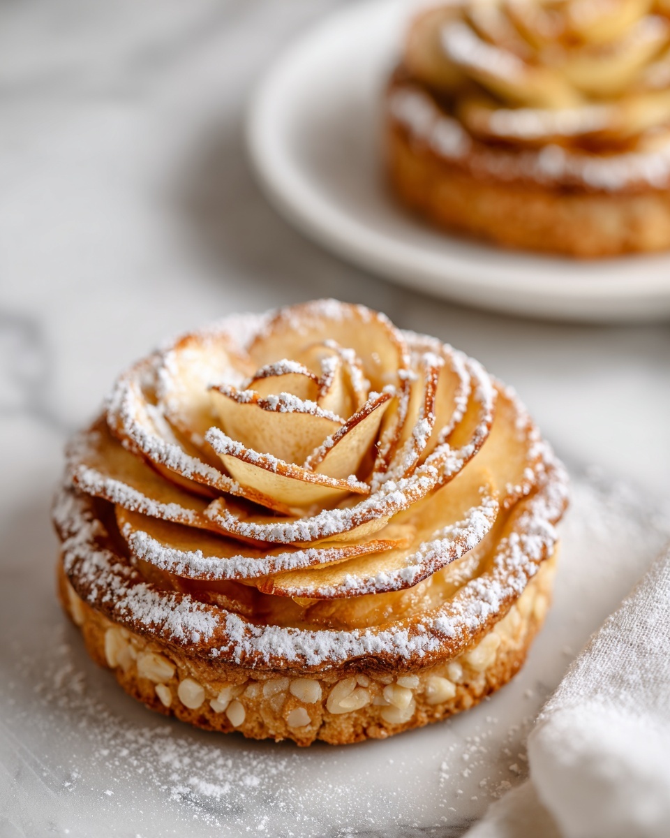 The image shows four apple rose pastries arranged on a white plate with a white marbled background. Each pastry has multiple thin slices of red apple with pale yellow flesh, rolled tightly in a spiral shape to look like a rose with browned, slightly crispy edges on the apple slices and golden brown puff pastry forming a flaky base. The pastries are lightly dusted with white powdered sugar. To the right side of the plate, there are two apple halves showing their creamy inside and seeds, and at the bottom left, a whole red apple with a green stem is placed. The photo taken with an iphone --ar 4:5 --v 7