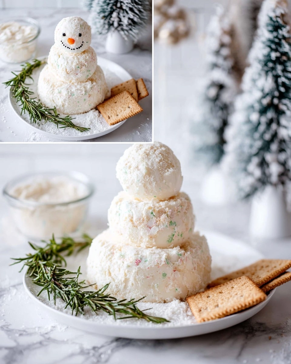 The image shows a three-layer snowman-shaped dessert placed on a white plate with white sugar sprinkled around it, giving a snowy effect. The bottom layer is the largest, covered in a white powdery texture with small specks of color, stacked with a medium-sized middle layer and a small round top layer, all sharing the same creamy, slightly rough texture. Around the snowman, there are sprigs of green rosemary and some brown graham crackers resting on the plate, adding color contrast. The scene is set on a white marbled surface with a blurred snowy Christmas tree decoration in the background, adding a wintery, festive feel to the image. photo taken with an iphone --ar 4:5 --v 7
