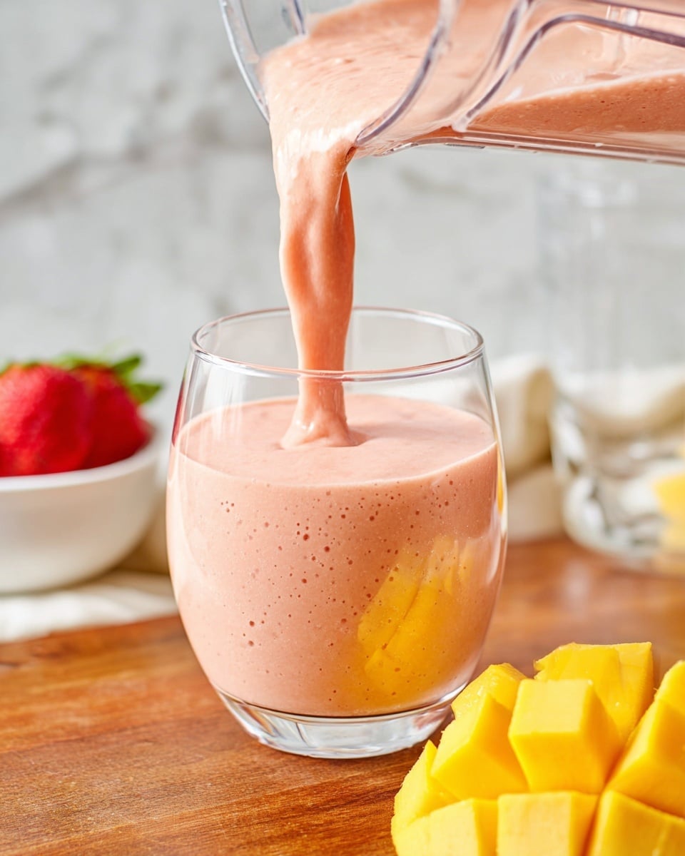 A clear glass is filled with a smooth, creamy pink smoothie being poured from a clear blender jar above it. The smoothie has a soft texture with tiny bubbles visible on the surface. In the foreground, there is a bright yellow sliced mango with cube-shaped pieces. In the background, an empty clear glass and a white bowl with a red strawberry inside can be seen, all placed on a wooden surface with a white marbled texture behind. Photo taken with an iphone --ar 4:5 --v 7