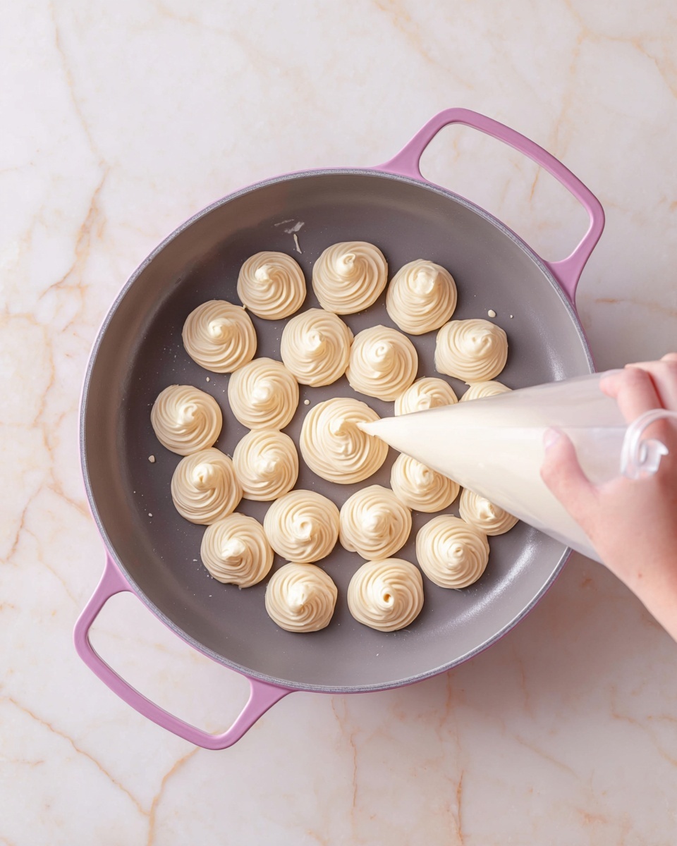 A woman's hand is holding a clear piping bag filled with creamy batter, piping small round dollops in a spiral shape inside a gray pan with pink handles. The dollops of batter are light beige with a smooth texture, arranged in a neat circle that starts from the center of the pan and moves outward. The pan is placed on a white marbled surface. photo taken with an iphone --ar 4:5 --v 7