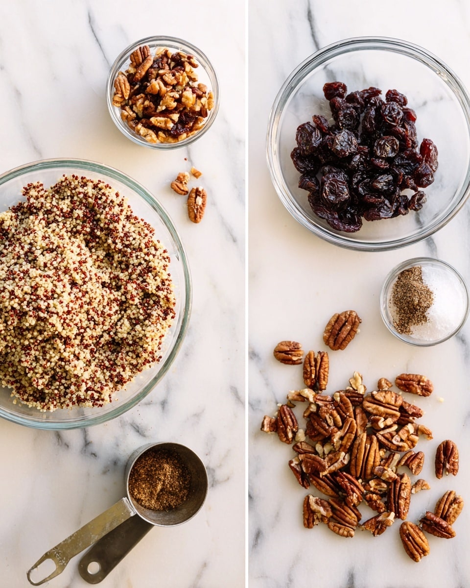 The image shows a white marbled surface with several clear glass bowls and a metal measuring cup holding ingredients. The largest glass bowl in the center contains cooked quinoa with a mix of red and white grains. Above it to the right, a small glass bowl holds dried dark red cherries, while a metal measuring cup on the left side contains whole pecans. On the bottom right is a small glass bowl with white salt and brown cinnamon mixed together. The right side of the image shows chopped pecans and chopped dried cherries spread in small piles on the same white marbled surface. The colors vary from pale beige quinoa to dark red cherries and warm brown pecans. photo taken with an iphone --ar 4:5 --v 7