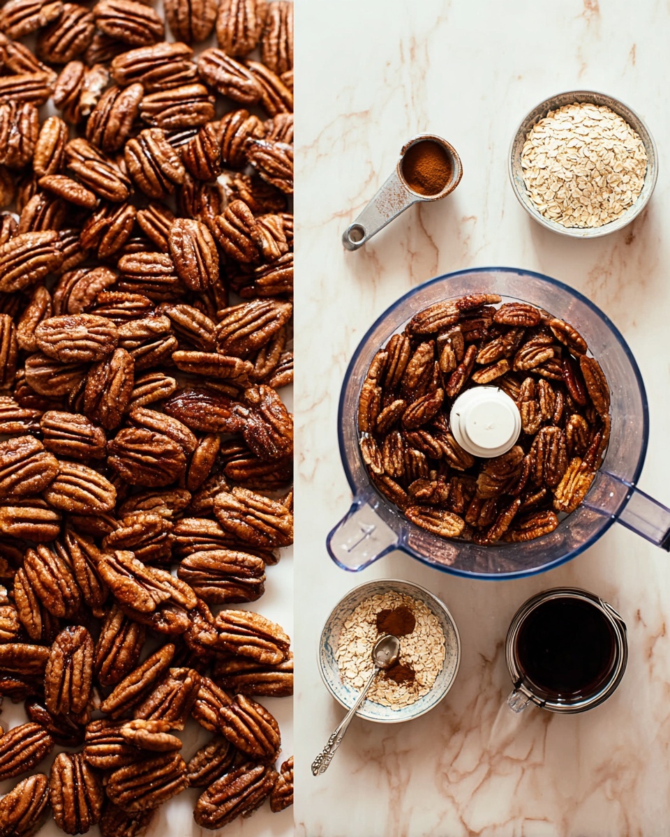 The image shows two parts: on the left, many brown pecan nuts with a smooth, curved texture packed closely together. On the right, a white marbled surface holds a clear food processor bowl filled with a large number of pecan nuts, a small metal measuring cup with more pecans, a clear glass bowl with light brown oats and cinnamon powder, and a small glass jug with dark liquid, all arranged neatly around the food processor bowl. photo taken with an iphone --ar 4:5 --v 7