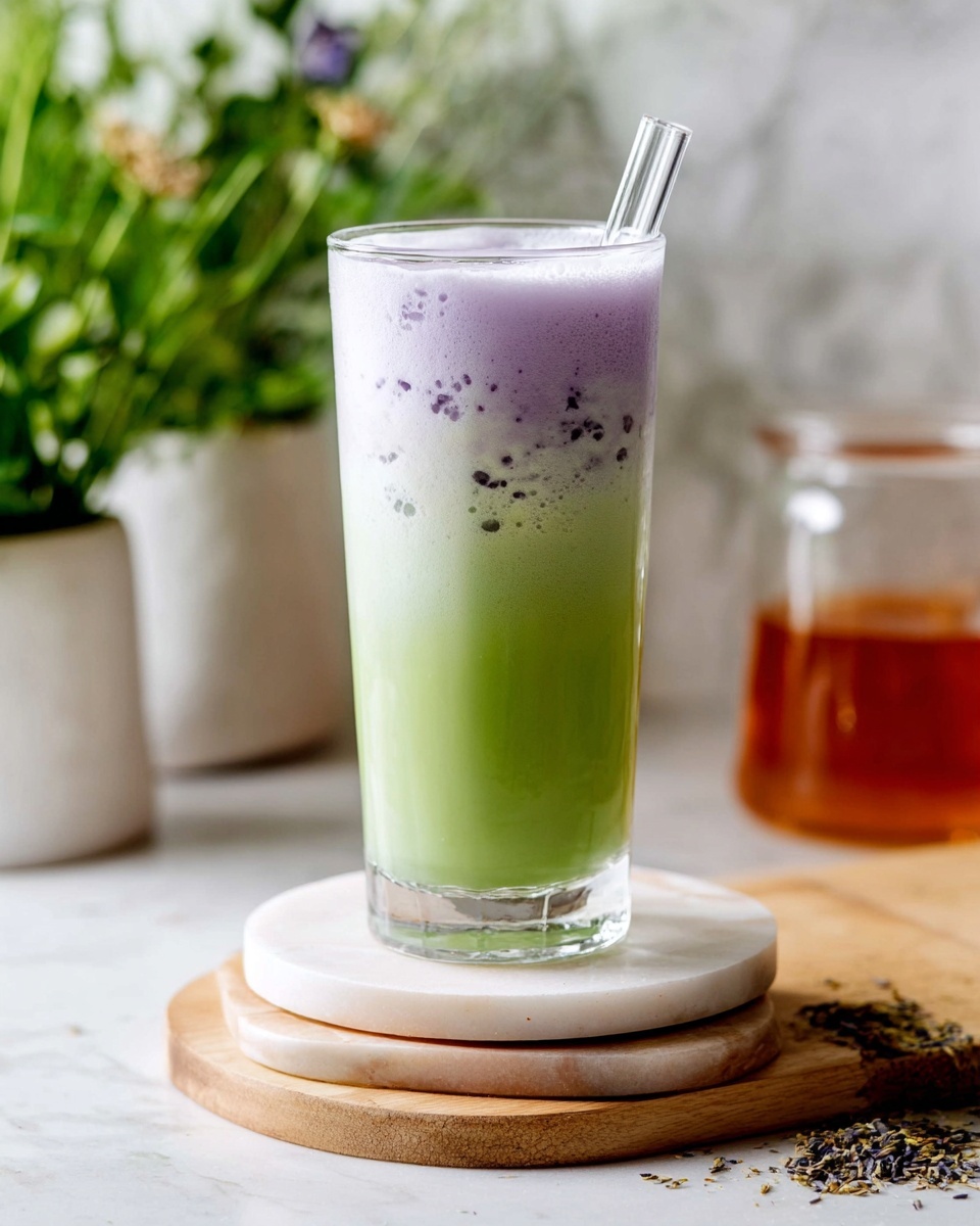 A tall clear glass filled with two layers of drink: the bottom layer is a bright green creamy liquid, and the top layer is a light lavender foam with small darker purple spots, softly blending with the green below. A clear glass straw leans slightly to the right from the top of the glass. The glass sits on two stacked round white marble coasters, which are placed on a light wooden board. In the blurry background, there are some green plants and a small glass jar of amber liquid on a white marbled surface. photo taken with an iphone --ar 4:5 --v 7