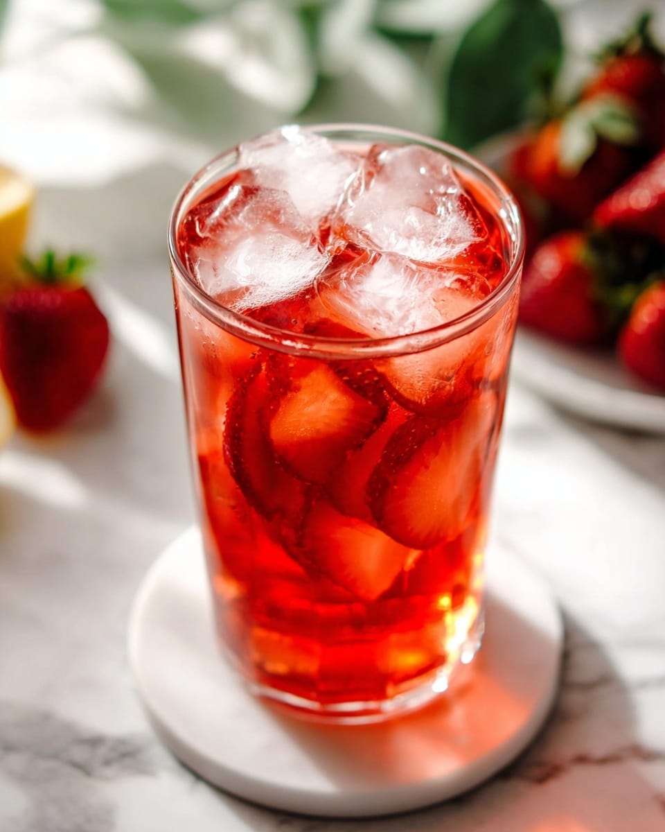 A tall clear glass filled with a red strawberry drink has large clear ice cubes floating on top. Inside the liquid, thin slices of red strawberries are visible throughout. The glass sits on a white round coaster on a white marbled surface, with blurred fresh strawberries and green leaves in the background. The light makes the drink look fresh and cool. photo taken with an iphone --ar 4:5 --v 7