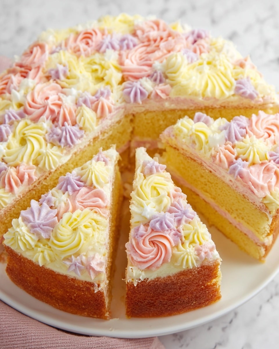 The image shows a round cake sliced into six pieces on a white plate, placed on a white marbled surface. The cake has two layers of soft yellow sponge with a thin cream layer in the middle, and the top layer is decorated with piped frosting in three colors: pale yellow, light pink, and white. The frosting is piped in various swirls and star shapes, covering the whole top surface with a textured, colorful pattern. The edges of the cake are golden brown, and the frosting adds a soft and creamy look. Photo taken with an iphone --ar 4:5 --v 7