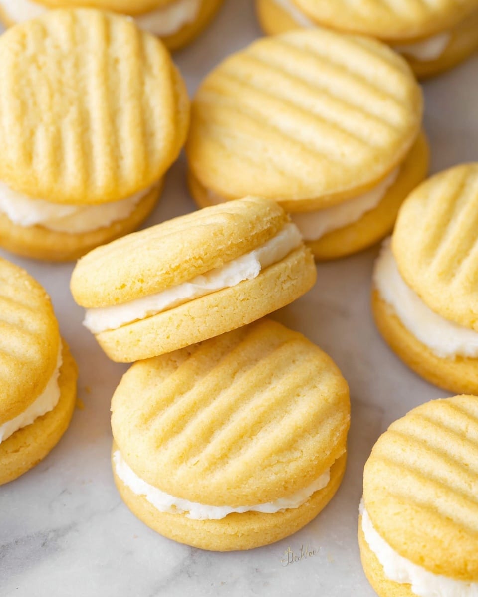 The image shows many small round sandwich cookies placed on a sheet of white paper inside a white plate, all on a white marbled surface. Each cookie has two yellow biscuit layers with three light grooves across the top for texture. In between the biscuit layers is a thick white cream filling that is smooth and evenly spread. The cookies are arranged close together and some cookies stand upright, showing their cream filling clearly while others lie flat, displaying the textured biscuit top. The lighting is bright, highlighting the soft texture and warm yellow color of the biscuits. photo taken with an iphone --ar 4:5 --v 7