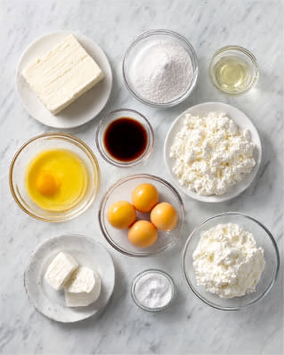 The image shows a white marbled surface with several clear glass bowls and white plates arranged neatly, each holding different baking ingredients. There are two rectangular white blocks of cream cheese on the left, surrounded by a small bowl of yellow liquid, a small saucer of dark brown vanilla extract, a medium bowl with four raw egg yolks, a large bowl of white sugar, two medium bowls filled with soft white cottage cheese or cream, a tiny bowl of a white powder likely baking powder, and a tiny glass cup containing clear liquid, possibly lemon juice. The setup is clean and organized for baking preparation. photo taken with an iphone --ar 4:5 --v 7