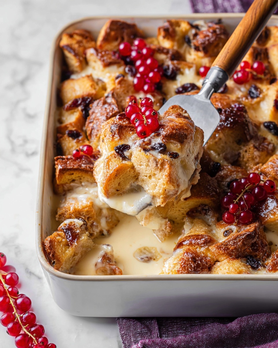 The image shows a white ceramic baking dish filled with a layered bread pudding. The pudding has a golden brown, slightly crispy top layer made of torn bread pieces soaked in a creamy, white custard sauce covering most of the dish. There are raisins scattered throughout the pudding, adding dark spots among the golden bread. On top, small clusters of bright red currants add a fresh pop of color to the warm dessert. A metal spatula with a wooden handle is lifting a portion from the bottom right corner, showing the soft, creamy inside layer with soaked bread and raisins. The dish rests on a white marbled surface with a purple cloth nearby. Photo taken with an iphone --ar 4:5 --v 7