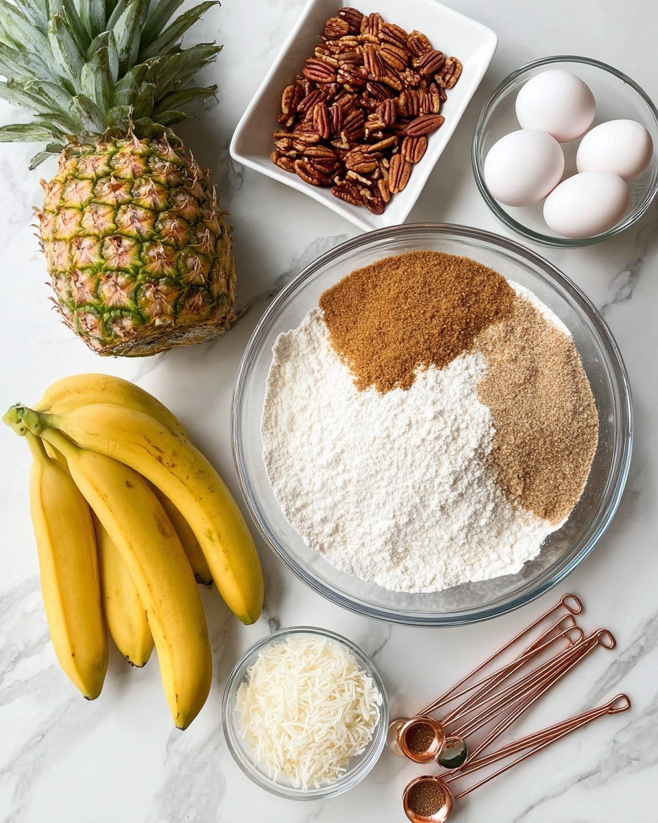The image shows a top view of baking ingredients arranged neatly on a white marbled surface. In the center, there is a clear glass bowl filled with three layers of dry ingredients: white flour at the bottom, white sugar in the middle, and light brown sugar on top, each layer distinct and textured. Around the bowl, from the top left clockwise, there is a fresh whole pineapple with spiky green leaves and a textured yellow-brown skin, two yellow bananas with small brown marks, a white tray with chopped pecans, three white eggs in a small clear bowl, a small white bowl filled with shredded coconut, a tiny clear bowl holding brownish spices, and four copper measuring spoons placed overlapping each other. The setup is clean, bright, and organized, photo taken with an iphone --ar 4:5 --v 7