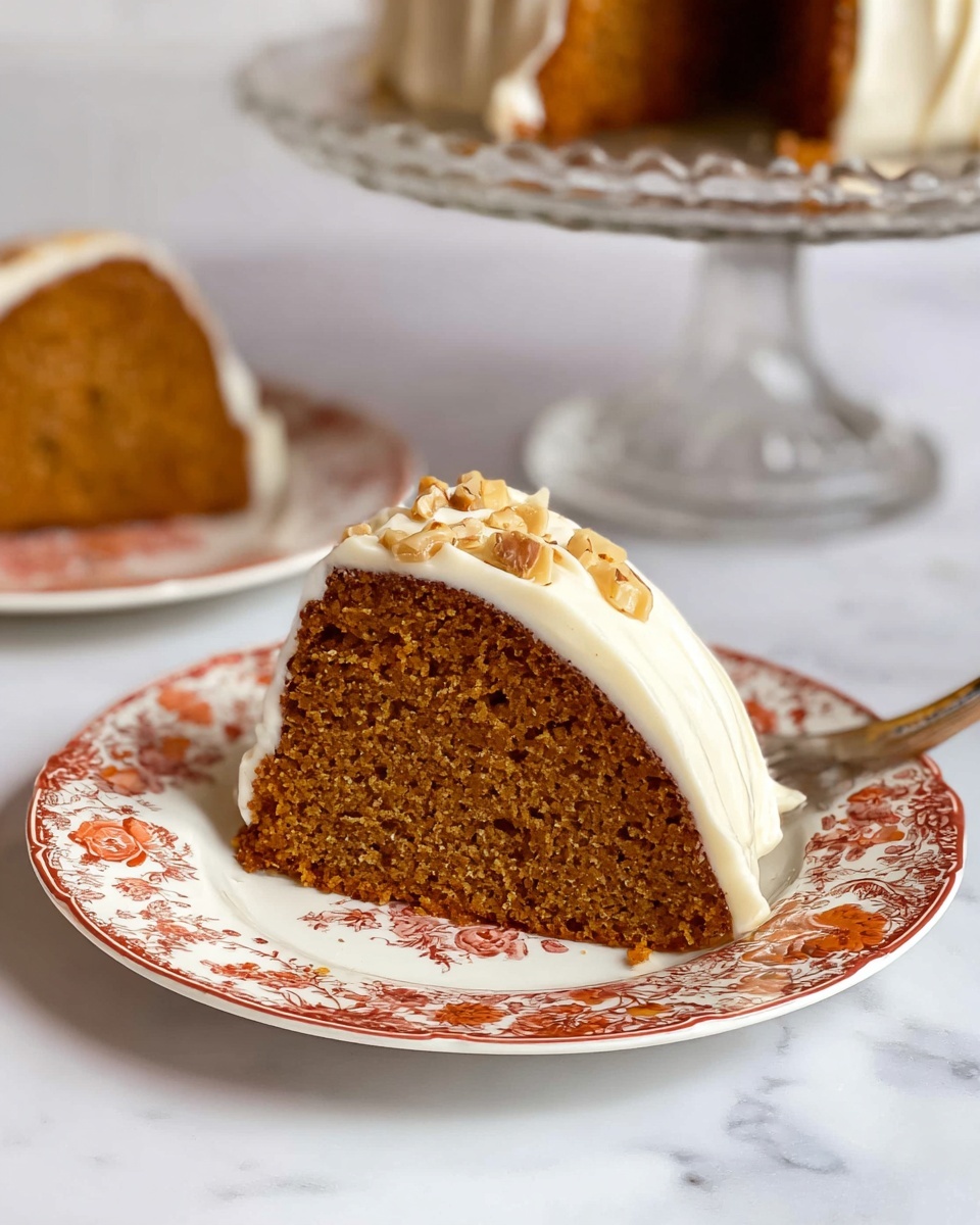 A single slice of a brown cake with a dense, moist texture sits in the middle of a white plate with red and orange floral patterns around the edge. On top of the slice is a layer of smooth, white cream frosting, which is decorated with small pieces of light brown nuts scattered on top. In the background, there is another slice on a similar white plate with floral patterns, and a glass cake stand with more cake blurred out. The surface is a white marbled texture. photo taken with an iphone --ar 4:5 --v 7