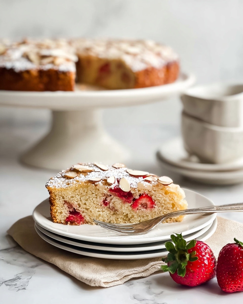 A single slice of light brown cake with visible red strawberry pieces inside sits on top of a stack of four white plates, next to a silver fork. The cake slice is topped with thin pale almond slices and a light dusting of white powdered sugar. In the background, the larger remaining cake, with the same almond-topped surface and strawberries inside, is on a white cake stand. Two fresh strawberries with green leaves lie on a beige cloth beside the plates, all placed on a white marbled surface. Photo taken with an iphone --ar 4:5 --v 7