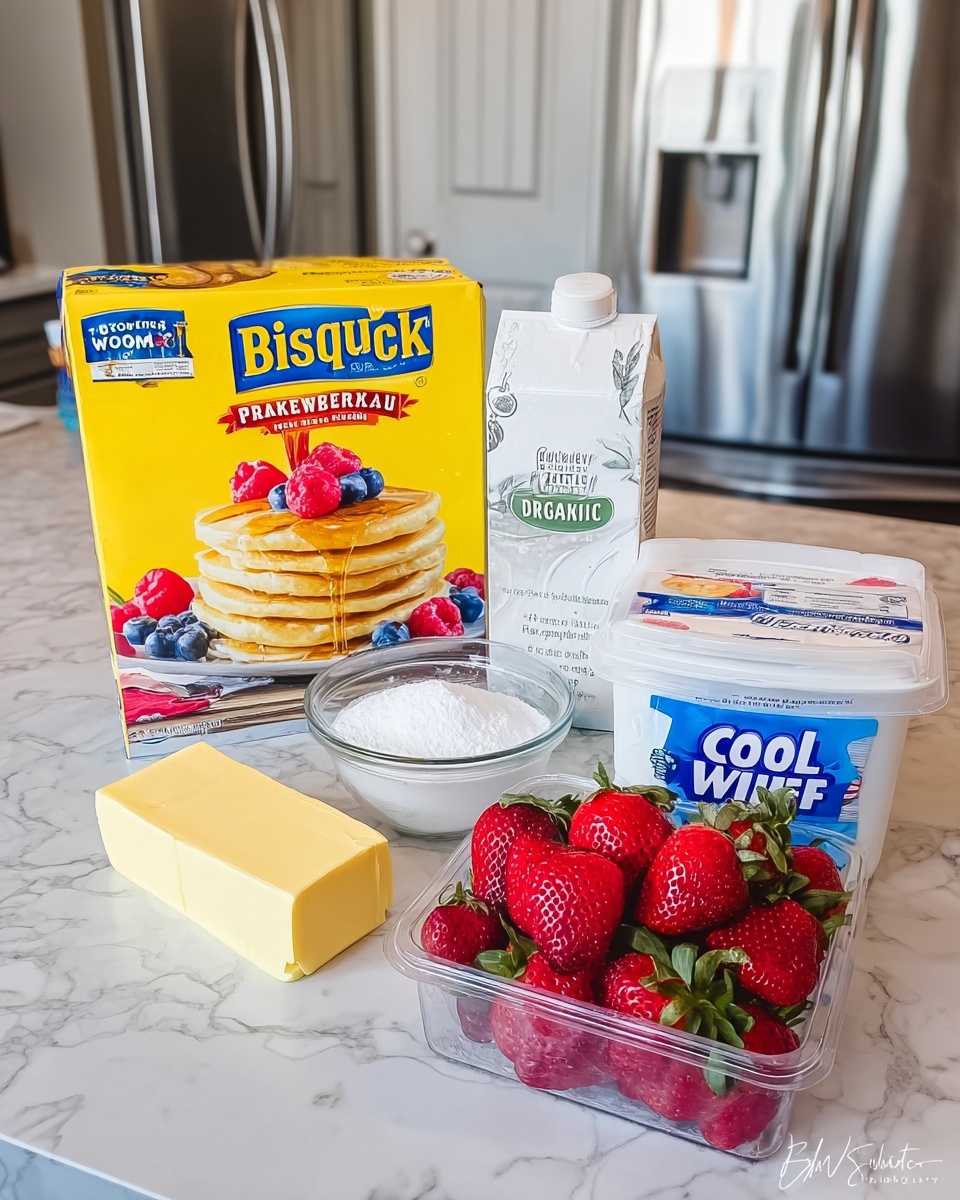 A kitchen counter with a white marbled texture holds various ingredients for making pancakes with strawberries and cream. At the back left is a bright yellow box of Bisquick pancake and baking mix, showing a stack of three pancakes topped with syrup and blueberries. To its right behind, there is a white carton of organic milk with a silver top. In front, a rectangular block of yellow butter rests flat on the surface. A small clear glass bowl filled with white sugar is placed beside the butter in the center. On the right side, a white plastic container with a blue label of Cool Whip sits below a clear plastic container holding fresh, bright red strawberries with green leaves. The background shows part of a kitchen door and stainless steel refrigerator. Photo taken with an iphone --ar 4:5 --v 7