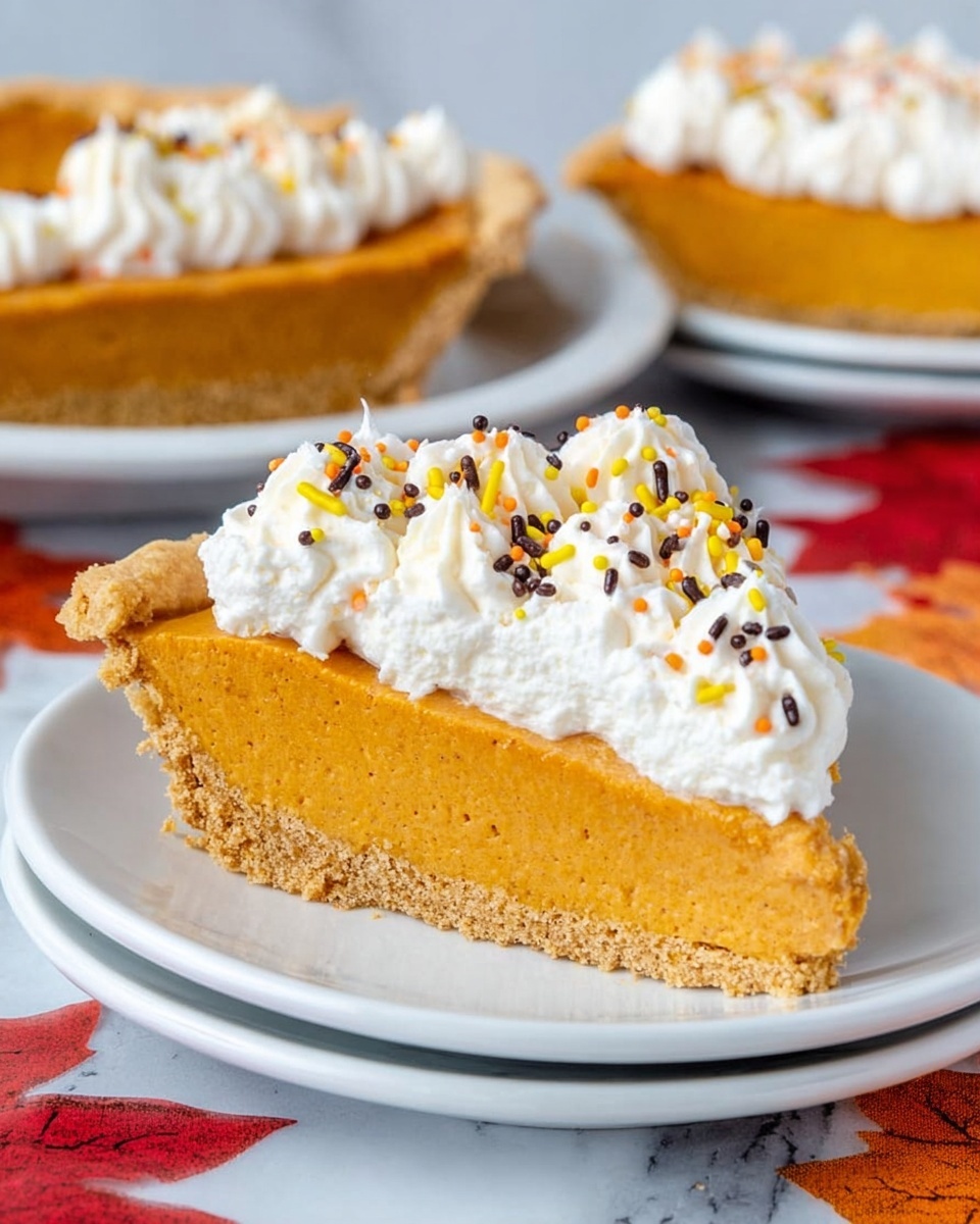 The image shows a pumpkin pie with three clear layers. The bottom layer is a brown, crumbly crust that holds the pie. The middle layer is smooth pumpkin filling in an orange-brown shade, filling most of the pie space. The top layer is a ring of white whipped cream piped in star shapes around the edge, sprinkled with small orange, yellow, and black round sprinkles and light dustings of cinnamon or nutmeg. The pie is in a silver pie tin, placed on a white marbled surface with some red and orange autumn leaves and a beige cloth nearby. Photo taken with an iphone --ar 4:5 --v 7