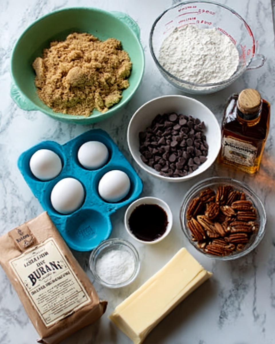The image shows an overhead view of baking ingredients arranged neatly on a white marbled surface. There is a green bowl filled with light brown crumbly dough at the top left, next to a clear measuring cup with white flour on the right. Below the flour, a white bowl holds dark chocolate chips. In the center, a blue egg tray contains two white eggs, a small white bowl with a dark brown liquid, and a small glass bottle labeled bourbon. To the left, a brown bag of brown sugar is partially visible, and at the bottom, an unopened stick of butter rests horizontally. To the right of the butter, a white bowl holds pecans. The setup is bright and clear, showing all baking components before mixing. Photo taken with an iphone --ar 4:5 --v 7