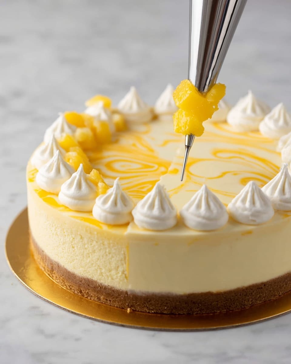 The image shows a round cake with three visible layers: a bottom brown crust, a thick middle light yellow creamy cheesecake layer, and a smooth pale yellow top layer with darker yellow swirls. On the top edge, there are evenly spaced small white cream swirls being piped, with a close-up of a piping bag nozzle in one part of the image. On one of the cream swirls, a piece of bright yellow fruit is being gently placed using metal tweezers. The cake sits on a thin gold cake board, all set on a white marbled surface. Photo taken with an iphone --ar 4:5 --v 7