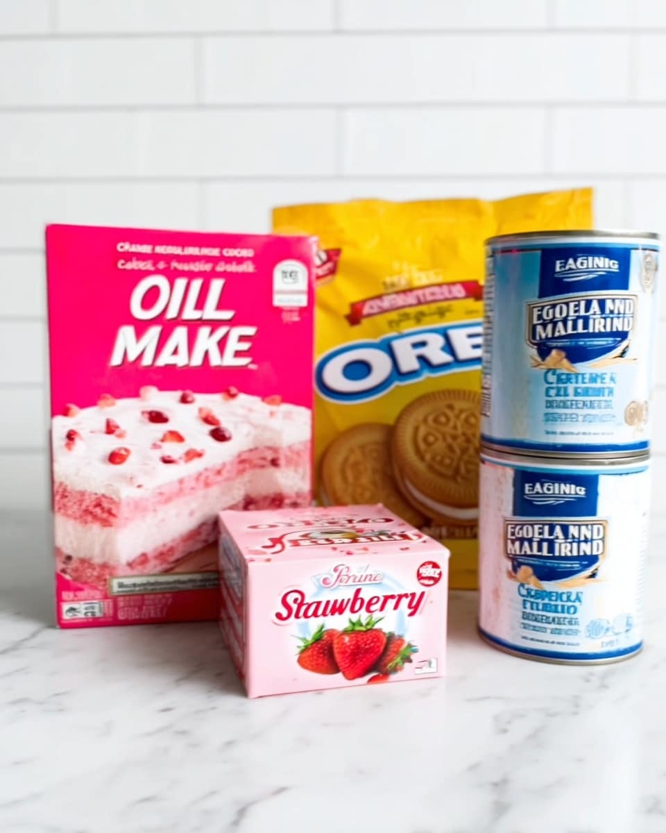 The image shows a group of baking ingredients arranged on a white marbled surface. From left to right, there is a pink and white box of strawberry cake mix featuring a picture of a pink cake with white frosting and strawberry pieces. Next to it is a yellow package of Golden Oreo cookies with a picture of the cookies on the front. In front of these is a small pink box of strawberry Jell-O with images of strawberries and jelly on the packaging. To the right, stacked vertically, there is a can of Eagle Brand condensed milk with blue and white labels and a can of evaporated milk with similar blue and white labels. The setting is bright, with a plain white tile background. photo taken with an iphone --ar 4:5 --v 7