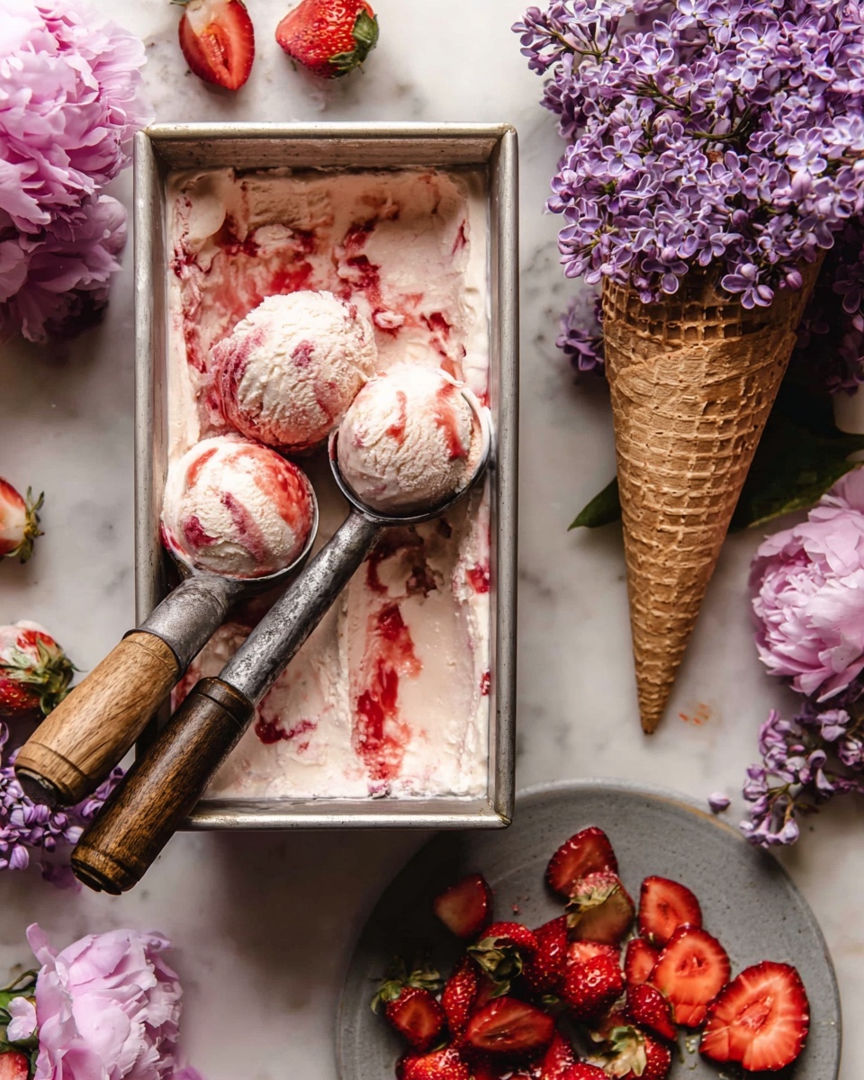 A rectangular white metal container filled with creamy pale pink ice cream mixed with swirls of bright red strawberry sauce, two scoops of ice cream placed on top in vintage metal scoops with wooden handles fully visible, a grey plate nearby holding a waffle cone and a cone filled with light purple lilac flowers, scattered fresh halved strawberries with bright red color and green leaves are placed on a white marbled surface around the container, soft pink and purple peonies partly visible at the top edge, photo taken with an iphone --ar 4:5 --v 7