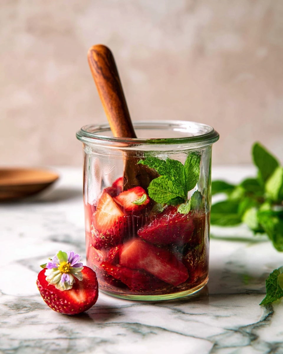 A clear glass jar filled with several bright red strawberry slices at the bottom, with some fresh green mint leaves layered on top. Inside the jar, there is a thick wooden muddler placed vertically, partially immersed in the strawberries and mint. Next to the jar on a white marbled surface is a halved strawberry decorated with a small edible flower. In the background, soft green leaves add a fresh touch, all set against a softly blurred white marbled backdrop. photo taken with an iphone --ar 4:5 --v 7