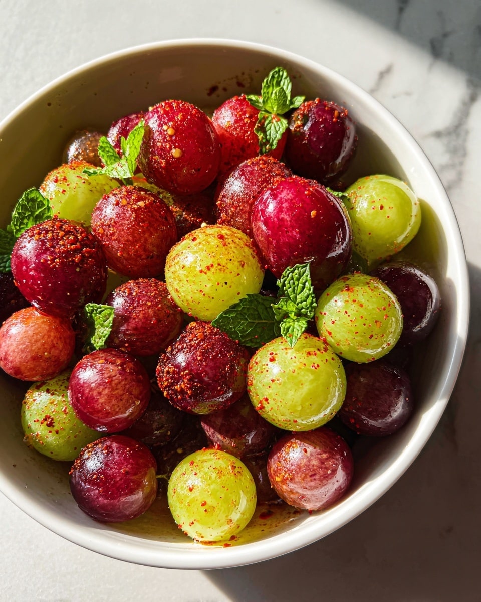 A white plate is filled with two layers of small round berries, the bottom layer is green berries and the top layer is red berries with a shiny texture and light seasoning of red powder scattered all over. A skewer made of a golden stick holds a few red berries stacked in the center on top. A few small green mint leaves are placed around the edge of the plate. On the right side, there are two thin slices of green lime resting against the berries. The plate sits on a white marbled surface with sunlight casting soft shadows. Photo taken with an iphone --ar 4:5 --v 7