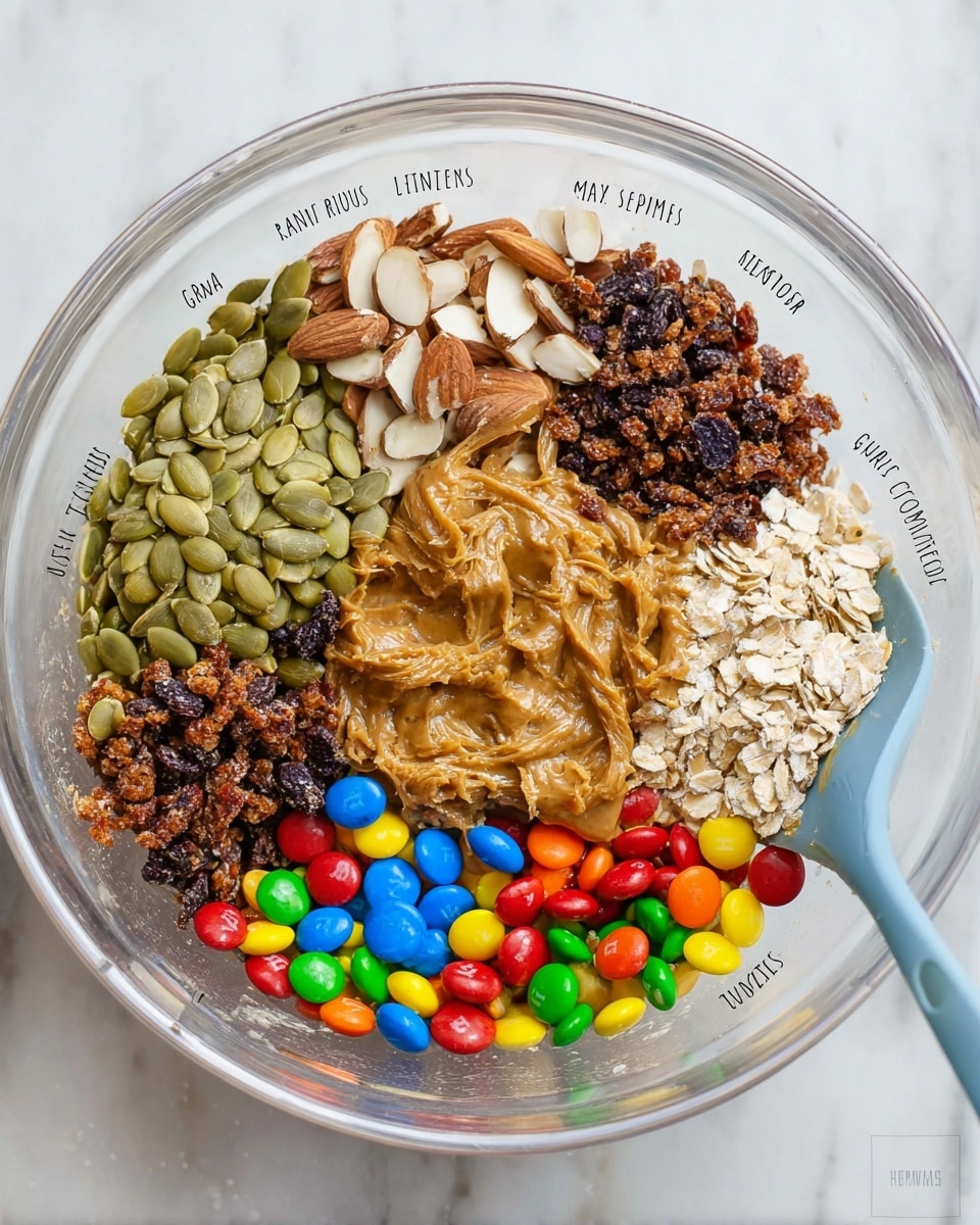 A clear glass bowl sits on a white marbled surface, filled with a mix of ingredients arranged in separate piles. Starting from the top left and moving clockwise, there are light green pumpkin seeds (pepitas), thin almond slices with brown edges, small crispy rice cereal clumps that look slightly sticky, and a dark sticky mix of honey and raisins. On the bottom right, there are colorful small chocolate candies in red, blue, yellow, green, orange, and brown colors, next to a creamy brown layer of peanut butter. Finally, on the bottom left, there are pale beige sunflower seeds. A blue spatula is partially visible on the right side of the bowl, blending the ingredients. The whole scene is brightly lit, showing clear textures and colors. photo taken with an iphone --ar 4:5 --v 7