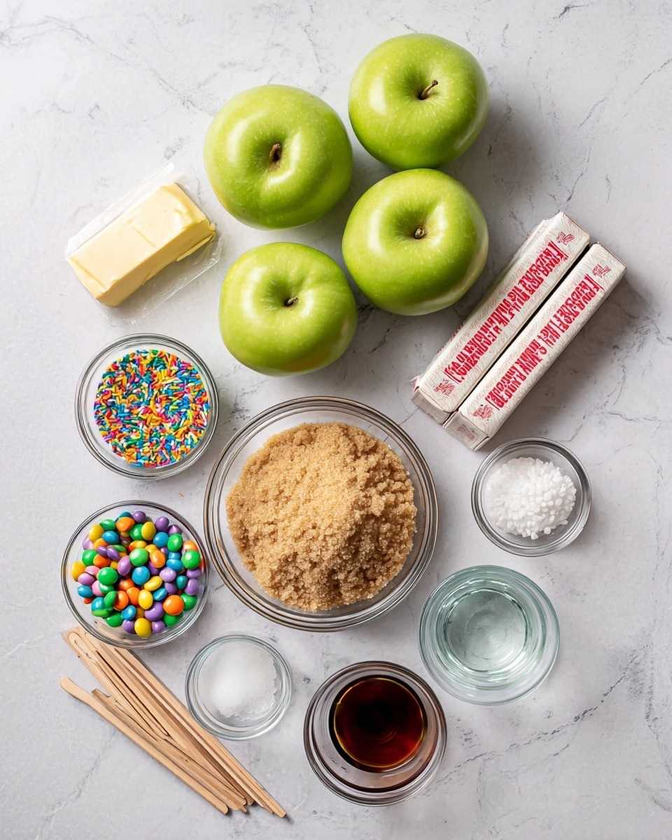 The image shows a group of six green apples with a smooth and shiny skin, placed in the top left area on a white marbled surface. To the right of the apples, there are two sticks of unsalted butter wrapped in paper with red text. Below the apples and butter, there is a glass bowl filled with light brown sugar, rough and grainy in texture, positioned centrally. Surrounding this bowl, other small clear glass bowls hold different ingredients: one with small rainbow sprinkles, one with colorful candy-coated chocolates, one with vanilla extract showing a dark brown liquid, and one with a clear liquid, likely water. There is also a small clear bowl with white salt near the vanilla. Wooden sticks are neatly placed diagonally in the lower left corner. The whole setup is on a clean white marbled surface, arranged neatly and brightly lit. Photo taken with an iphone --ar 4:5 --v 7