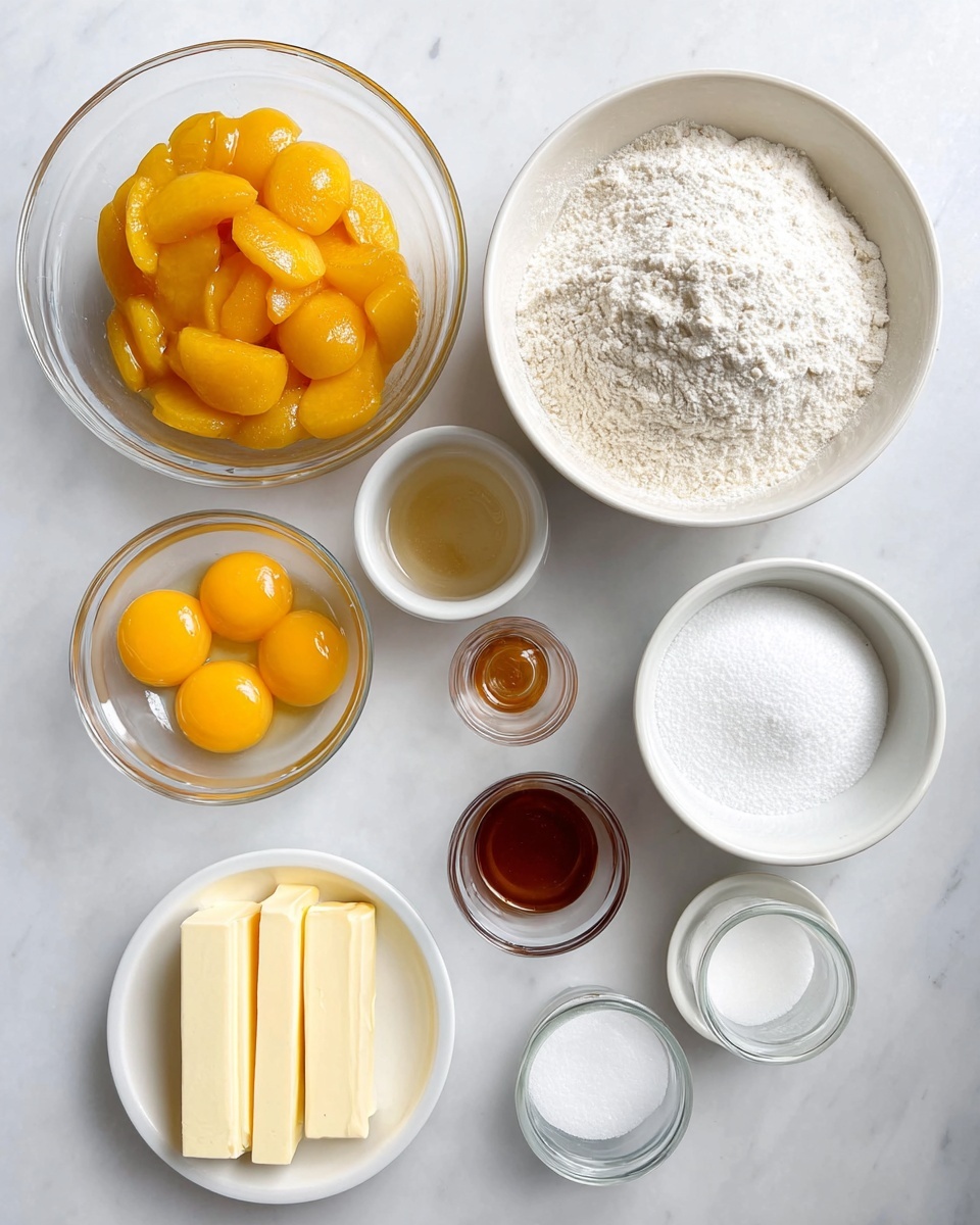 The image shows a top view of nine bowls and jars on a white marbled surface, each holding different baking ingredients arranged neatly. At the top left, a clear glass bowl is filled with glossy yellow peach slices in syrup. To the right, a large white bowl contains a mound of fine white flour. Below the peaches, a small glass bowl holds four raw egg yolks with translucent whites. Next to it on the right, a white bowl is filled with white granulated sugar. At the bottom left, a small white bowl has two thick sticks of pale yellow butter. Near the center, two small jars with brown and clear liquids sit beside a tiny white bowl with white powder, and another tiny bowl with salt. A small glass jar with light cream liquid is also visible near the eggs. photo taken with an iphone --ar 4:5 --v 7