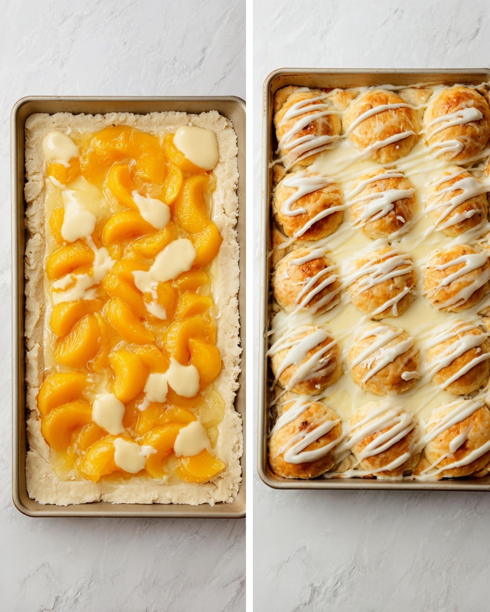 The image shows two rectangular pans with a peach dessert, both placed on a surface with a white marbled texture. The left pan has three visible layers: the bottom is a pale dough layer with a rough edge, the middle layer contains bright orange peach slices covered by a shiny glaze, and the top layer has dollops of light yellow cream spread evenly over the peaches. The right pan shows the same dough and peach layers, now baked until golden brown and topped with an uneven drizzle of white icing that partially covers the round dough shapes formed on the surface. Photo taken with an iphone --ar 4:5 --v 7
