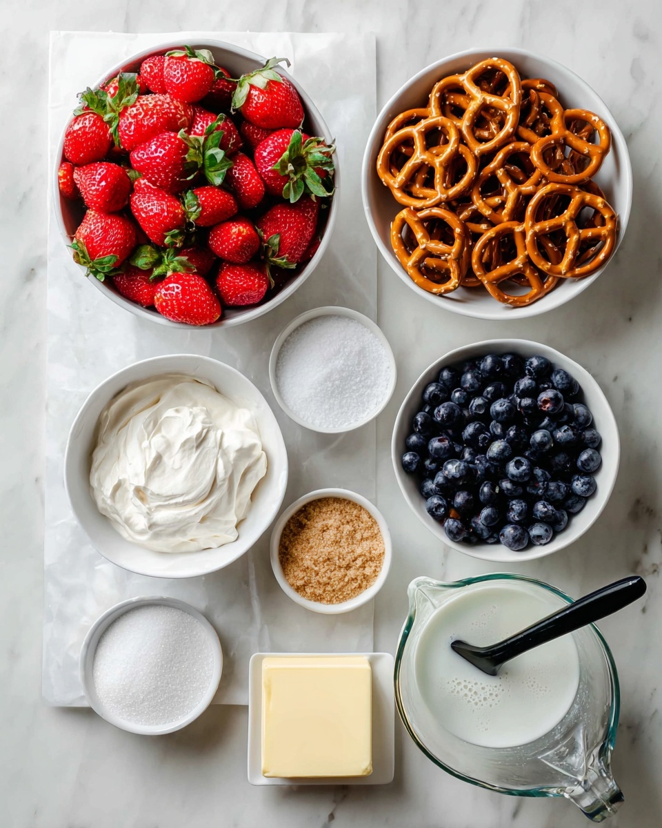 The image shows eight white bowls and a glass measuring cup arranged on a white marbled surface. On the top left is a deep white bowl filled with bright red strawberries with green leaves. Next to it on the right is another white bowl full of shiny, twisted pretzels in a golden brown color. Below the strawberries is a white bowl filled with dark blue blueberries. In the middle is a small white bowl with light brown sugar granules. To the right of the sugar is a white bowl containing fluffy white cream with a black spatula resting inside it. Below the cream bowl, on the left, is a tiny white bowl with granulated white sugar. Next to it is a small white bowl holding a square of pale yellow butter. On the bottom right is a glass measuring cup with white liquid inside it, showing some bubbles on the surface. photo taken with an iphone --ar 4:5 --v 7