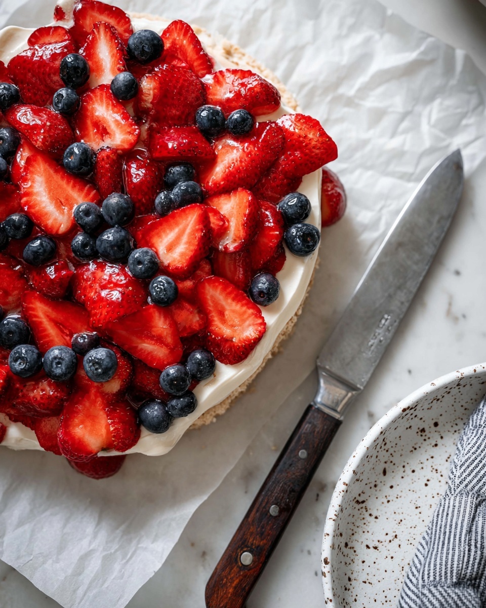The image shows a close-up of a dessert with three layers: the bottom layer is a light-colored crust, the middle layer is a creamy white topping, and the top layer is covered with bright red sliced strawberries and dark blue whole blueberries scattered evenly. The dessert is placed on white parchment paper, situated on a white marbled surface. To the right, there is a white speckled plate holding a large, shiny knife with a dark wooden handle and part of a spoon, both resting on the plate. A piece of gray and white striped fabric is seen in the top right corner. Photo taken with an iphone --ar 4:5 --v 7