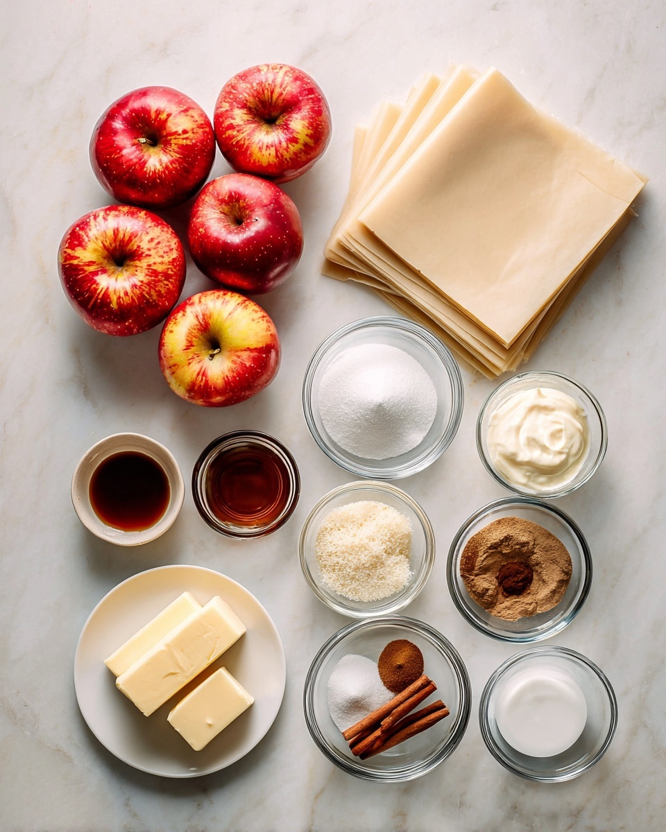 The image shows a neatly arranged set of ingredients on a white marbled surface: four shiny red apples with yellow spots in the top left; below them, three layers of pale beige pastry sheets stacked flat; to the right, a collection of clear glass bowls containing white cream, brown sugar, white sugar, and various brown spices such as cinnamon and nutmeg; a small bowl of vanilla extract is also visible; at the bottom left, a white plate holds two blocks of pale yellow butter. The ingredients are all organized clearly in rows and clusters, ready for use photo taken with an iphone --ar 4:5 --v 7
