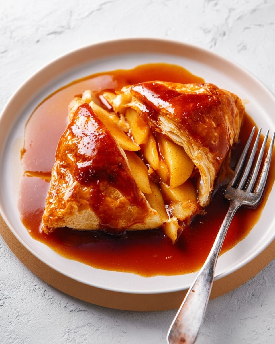 A white plate holds a dessert made of a golden-brown, baked puff pastry folded into a triangular shape, divided into three pieces, each piece showing soft, yellowish sliced apples inside. The entire pastry is covered with a dark amber caramel sauce that looks shiny and thick, pooling around the base of the dessert on the plate. A metal fork with a slightly worn look rests beside the pastry on the right side of the plate, and the background is a white marbled textured surface. Photo taken with an iphone --ar 4:5 --v 7