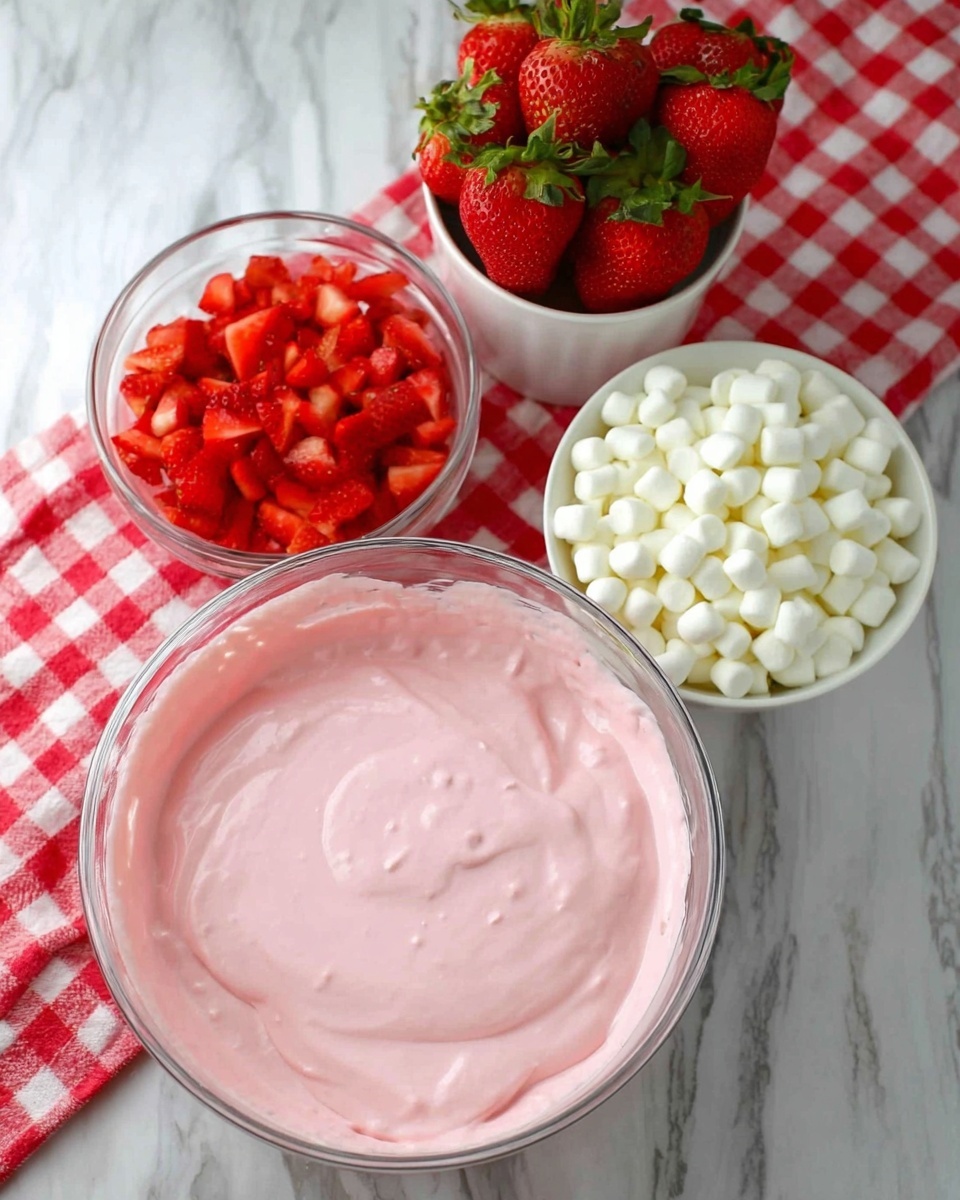The image shows a large clear bowl in the front filled with smooth, light pink creamy mixture that looks soft and whipped. Behind it, on the right side, there is a white bowl full of small white marshmallows, their surface glossy and round. To the left of the marshmallows, there is a glass measuring cup filled with chopped strawberries, bright red with fresh seeds visible and a juicy texture. Above the measuring cup, there is a small white container holding whole strawberries with green leafy tops, looking fresh and plump. All the bowls and cups are placed on a white marbled surface, and a red and white checkered cloth is partially visible behind the containers. Photo taken with an iphone --ar 4:5 --v 7