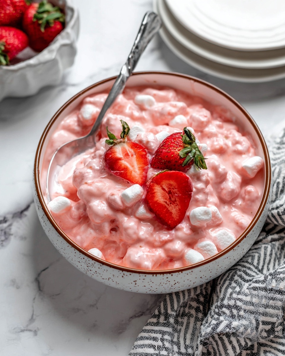 A bowl filled with a creamy, pink mixture made of small white marshmallows and pieces of red strawberries, all covered in a smooth, thick pink sauce. On top of the mixture, there are three large, fresh strawberries, two sliced halfway and one whole with green leaves still attached. The bowl is white with small brown speckles and a thin brown rim, placed on a white marbled surface with a metal spoon resting inside the bowl. Nearby, there are white plates stacked and a gray and white striped cloth partially seen on the right side. Photo taken with an iphone --ar 4:5 --v 7