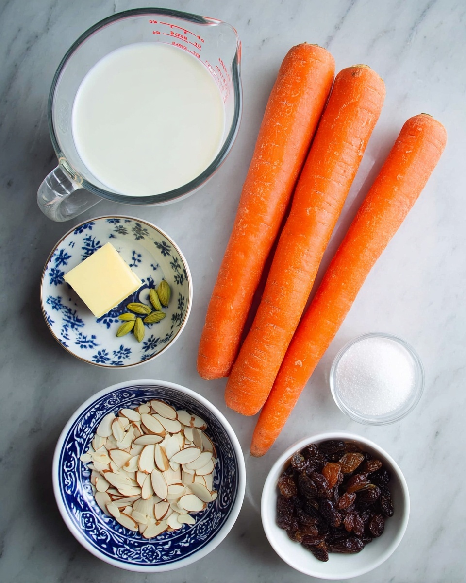 The image shows three fresh orange carrots arranged side by side on a white marbled surface. Above the carrots, there is a clear measuring cup filled with white milk. To the left of the carrots, there is a small white bowl with blue patterns containing a small square of light yellow butter and a few light green cardamom pods. To the right of the carrots, a small white bowl is filled with white granulated sugar. Below the carrots, there is a white bowl with dark blue patterns holding slivered pale beige almonds and dark brown raisins. Photo taken with an iphone --ar 4:5 --v 7
