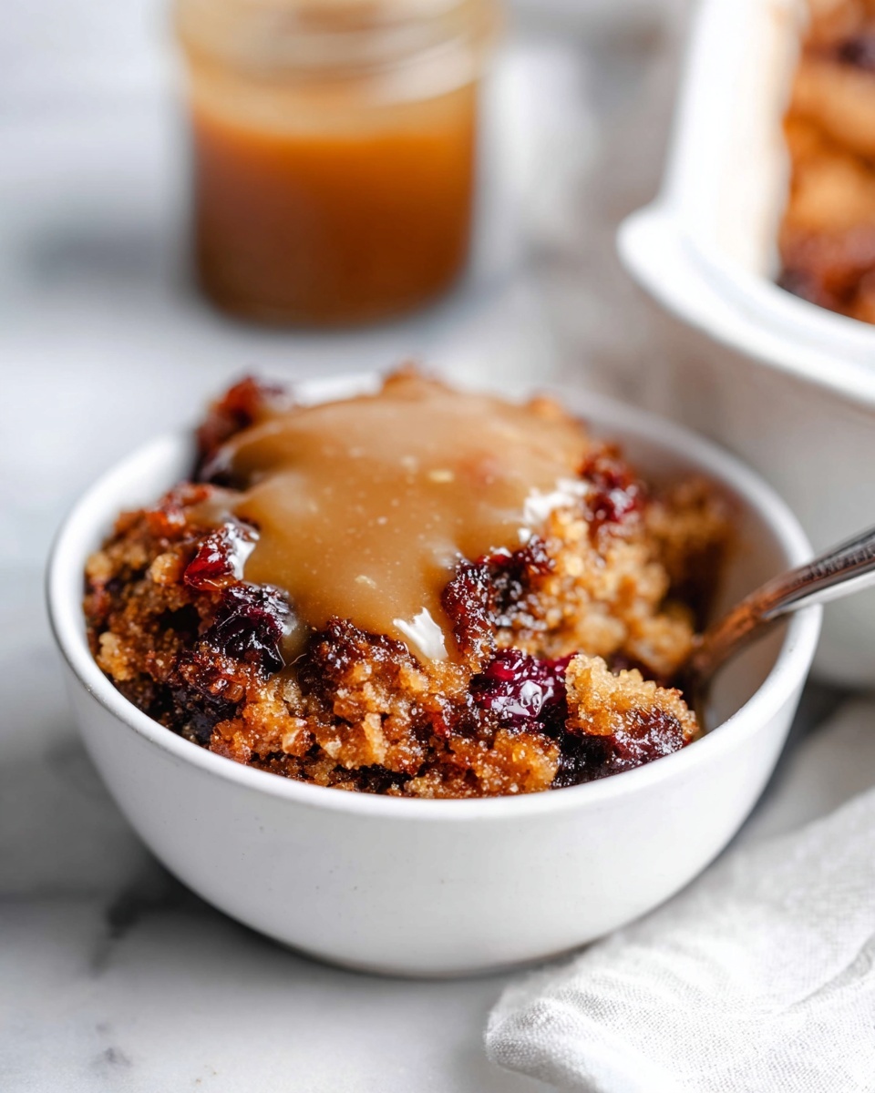 A white bowl holds a dessert with two main layers: the bottom layer is a dense, dark, chunky mixture with bits of berries and soft fruit pieces, topped by a thick, shiny layer of light caramel-colored sauce that drips slightly over the edges. The texture is rough and crumbly below, smooth and glossy above. The bowl sits on a white marbled surface with a small glass jar of sauce blurred in the back left and a soft white cloth to the right, a spoon partially visible inside the bowl. photo taken with an iphone --ar 4:5 --v 7