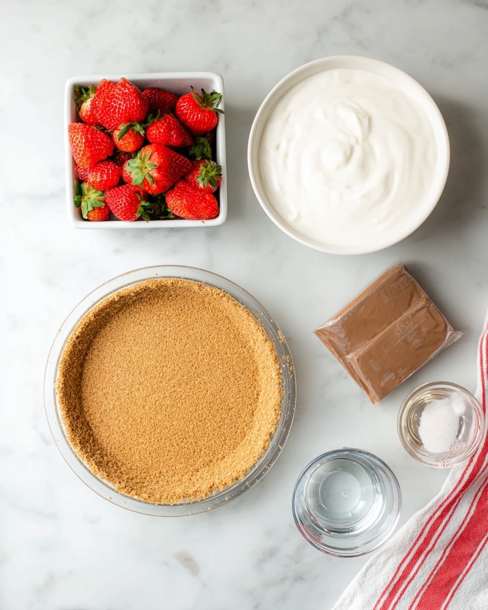 The image shows ingredients for a strawberry dessert arranged on a white marbled surface. At the bottom left, there is a clear glass round pie dish with a golden brown crumb crust pressed evenly inside. At the top left, a small square white ceramic container holds several bright red strawberries with green leaves. At the top right, a white bowl is filled with smooth white cream. At the bottom right, a small clear glass measuring cup contains clear liquid, and next to it, a small brown paper-wrapped block lies on the surface. Part of a red-striped white cloth is seen at the bottom right edge. photo taken with an iphone --ar 4:5 --v 7