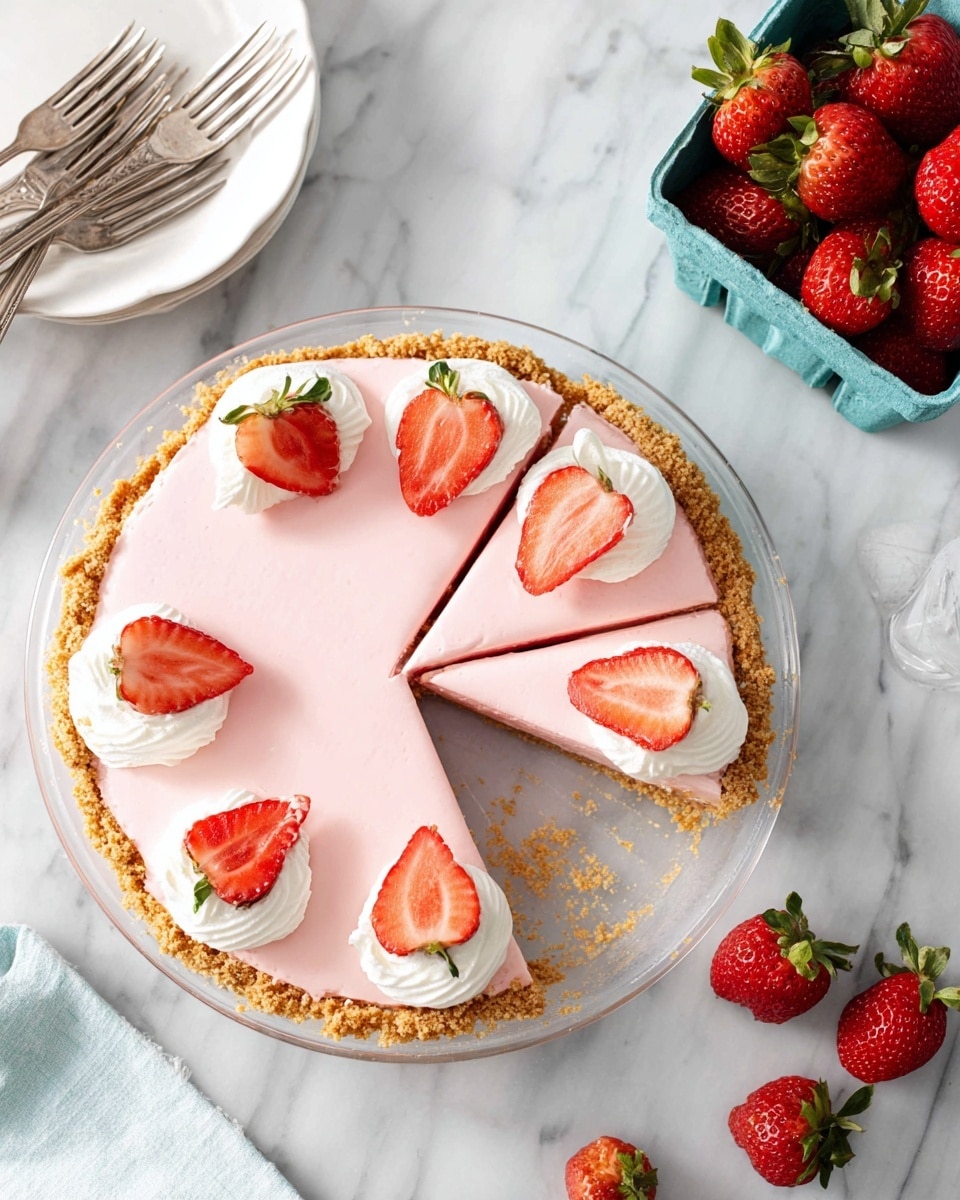 A round pie with three visible layers is shown on a clear glass plate on a white marbled surface. The bottom layer is a thick, crumbly, golden brown crust that lines the edge and base. The middle layer is smooth and light pink, taking up most of the pie's surface. On top, there are eight evenly spaced dollops of white whipped cream around the edge, each topped with a half of a bright red strawberry with green leaves. One slice of the pie is cut but not removed, showing clean, sharp edges. Nearby, there is a white plate with three old silver forks, a blue container filled with whole red strawberries with green tops, and some loose strawberries and green leaves scattered around. photo taken with an iphone --ar 4:5 --v 7