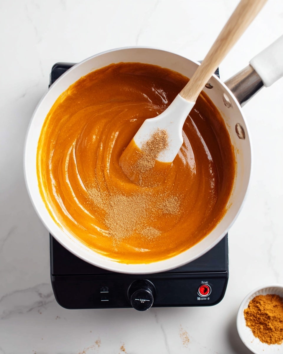 A white saucepan filled with a smooth, thick orange mixture with a slight shine, swirling gently with a white spatula that has a wooden handle resting inside it. On top of the mixture, there is a light brown powder sprinkled unevenly. The saucepan is placed on a black electric stove with a knob and a small red light on the front. In the lower right corner, a small white bowl with some of the same brown powder inside is partially visible. The whole setup is on a white marbled surface. photo taken with an iphone --ar 4:5 --v 7