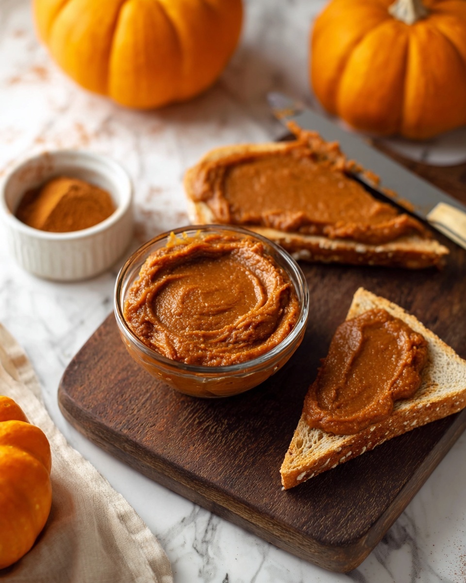 A small clear glass bowl filled with smooth, thick pumpkin spread in a rich orange-brown color is placed on a dark wooden board. Around it, one thick slice of toast covered evenly with the same pumpkin spread is cut into a triangle and placed in front, and another partially seen slice is in the background with a butter knife resting nearby. A tiny white bowl with cinnamon powder sits to the left, and two small orange pumpkins are partially visible on the white marbled surface around the board, providing a warm, cozy autumn feel. photo taken with an iphone --ar 4:5 --v 7