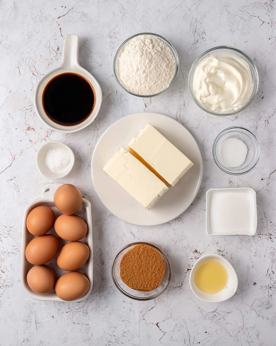 A flat lay of baking ingredients arranged on a white marbled surface includes nine items: five brown eggs in a white rectangular dish at the bottom left, two large blocks of cream cheese on a white round plate in the center, a small white bowl of dark vanilla extract near the top left, a small white bowl of white flour next to it, a glass bowl of thick white sour cream at the top right, a glass bowl of white granulated sugar below the sour cream, a clear cup of light brown crushed graham crackers at the bottom right, a small square white bowl of white salt near the vanilla, and a small glass bowl with melted butter toward the bottom center; all items are neatly spaced with shadows visible, photo taken with an iphone --ar 4:5 --v 7