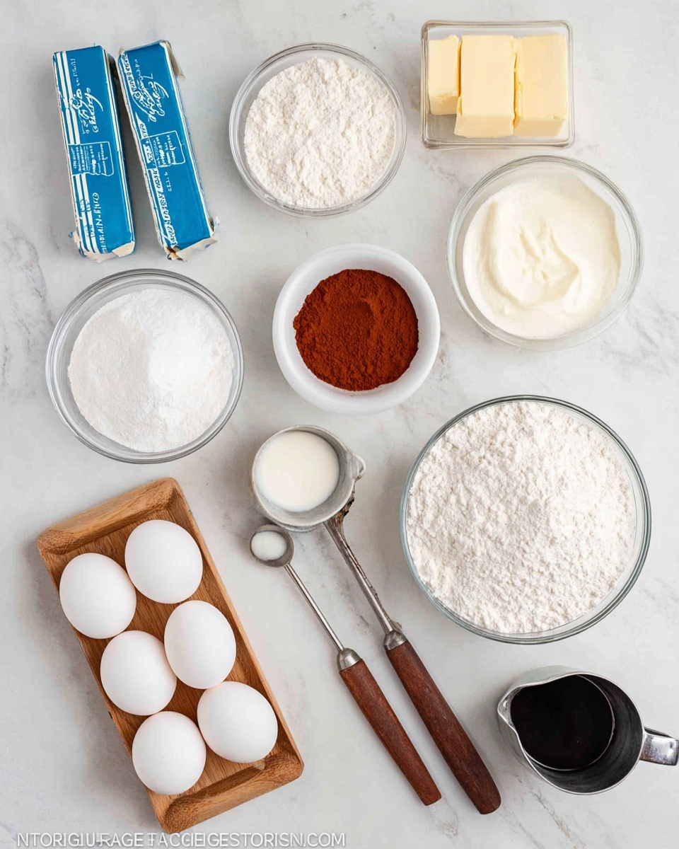 The image shows a top view of various baking ingredients arranged neatly on a white marbled surface. There are two sticks of butter in blue and white wrappers placed near the center, with a small wooden tray holding five white eggs at the bottom left. Around them are clear glass bowls filled with white powdered sugar, cocoa powder, and a white creamy ingredient, possibly sour cream or yogurt. A small white bowl holds flour, and a small white square container holds a reddish liquid, likely vanilla or another flavoring extract. Two wooden-handled measuring spoons with white powder sit side by side near the center. A small metal pitcher contains cream or milk, and a black measuring cup with syrup or dark liquid is at the bottom right. The ingredients are arranged with some space in between, all on the clean white marbled background. Photo taken with an iphone --ar 4:5 --v 7