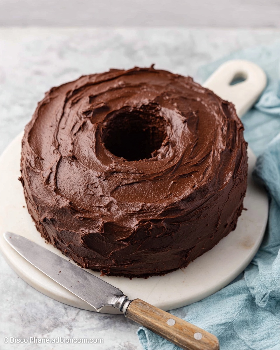 A round chocolate cake with a hole in the middle, covered in thick, smooth dark brown chocolate frosting. The frosting has visible swirls and a slightly rough texture on the top and sides of the cake. The cake sits on a white round board with a handle, placed on a white marbled surface. A silver cake server with a wooden handle is positioned near the cake, and a light blue cloth is partially visible next to it. photo taken with an iphone --ar 4:5 --v 7