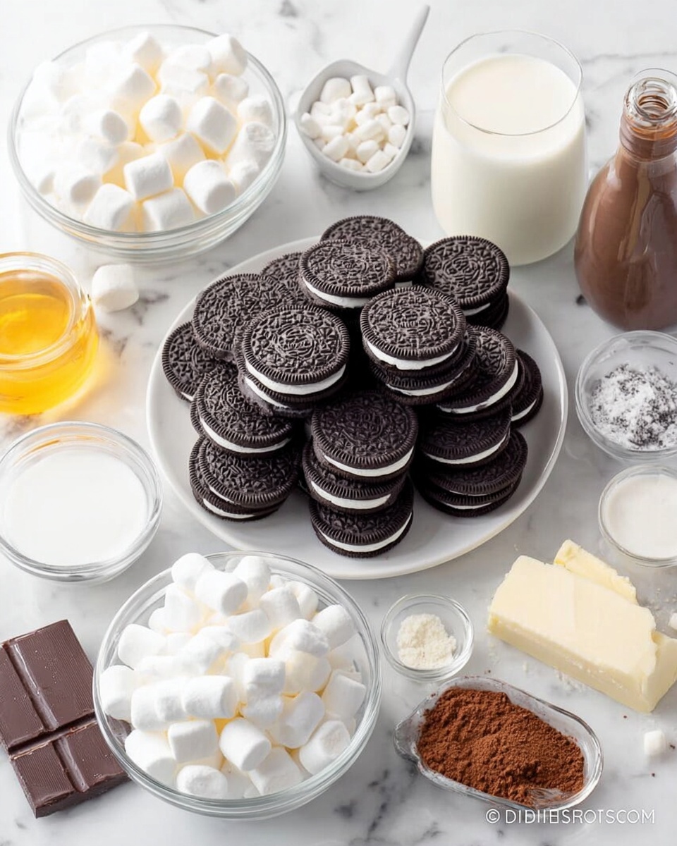 A white round plate piled high with many dark chocolate sandwich cookies stacked closely together sits on a white marbled surface. Surrounding the plate are clear glass bowls filled with small white marshmallows, fluffy white whipped cream, light yellow melted butter, and creamy white milk, along with a small white stick of butter. There are also small containers holding a light brown liquid vanilla extract, white powdered sugar, and cocoa powder. Chocolate bars are partially unwrapped nearby, and a brown squeeze bottle filled with chocolate sauce is to the right. The whole scene is softly lit, showing textures like the smooth cream on the cookies and the powdery cocoa on the surface. Photo taken with an iphone --ar 4:5 --v 7