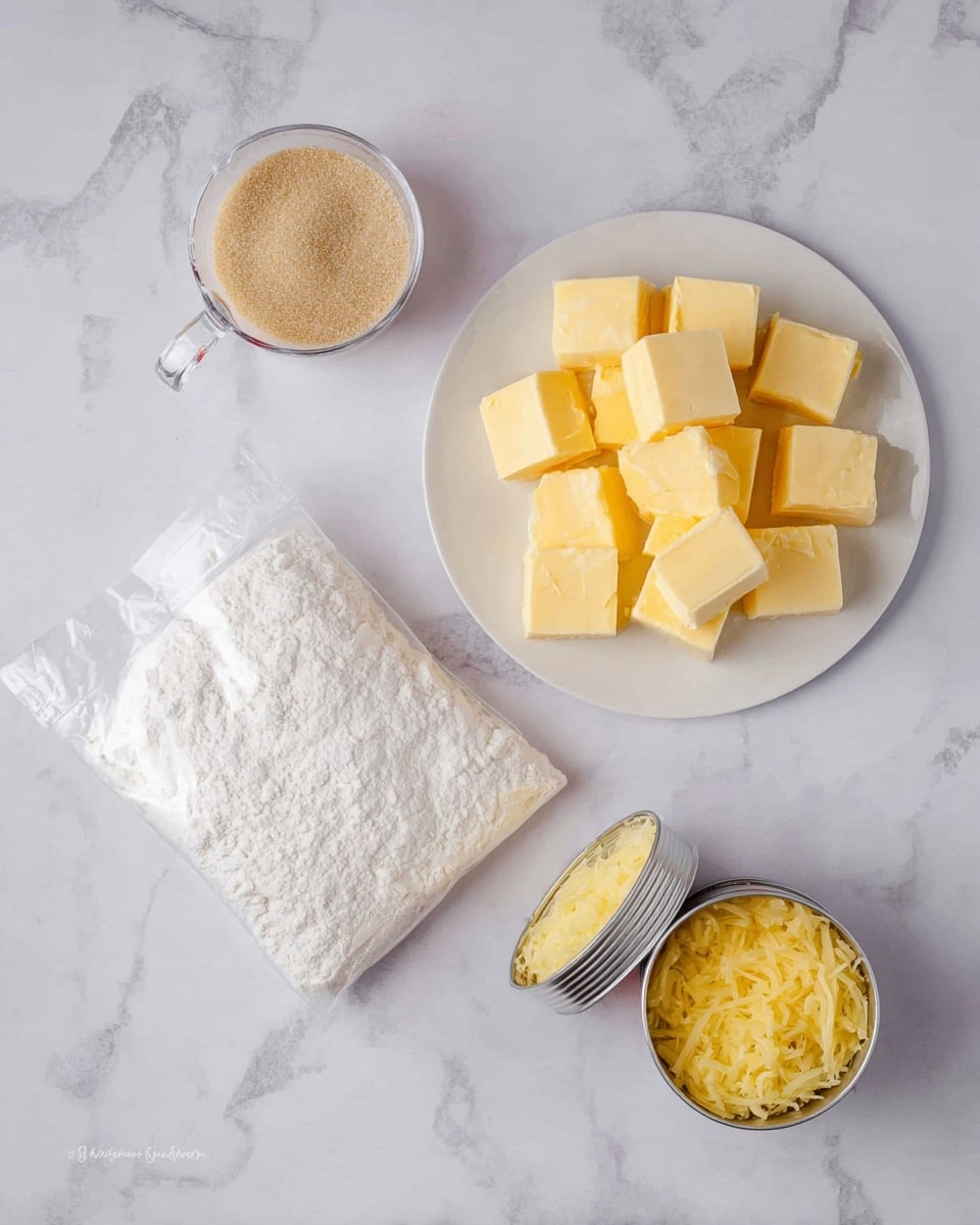 The image shows different baking ingredients arranged on a white marbled surface. On the right side, there is a white plate filled with many small yellow butter squares stacked unevenly. Next to it, on the top left, a clear plastic measuring cup holds light brown sugar. Below the cup, a clear plastic bag contains white flour in powder form. On the bottom right, there are two open cans filled with shredded yellow pineapple. The scene is bright and clean, showing the ingredients ready for use photo taken with an iphone --ar 4:5 --v 7