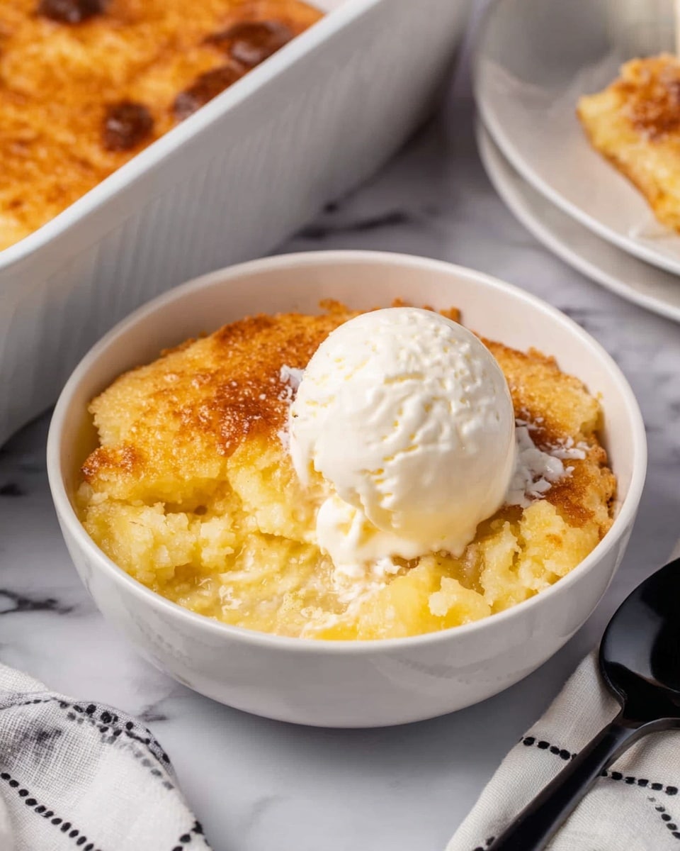 A white bowl filled with a warm dessert that has a golden brown, slightly crispy top layer with some small darker brown spots. Below the top is a soft, light yellow layer with a smooth texture mixed with some small chunky bits. In the center of the dish is a white scoop of creamy vanilla ice cream slowly melting and blending into the layers beneath. The bowl sits on a white marbled surface, next to a black spoon placed on a folded white cloth with black spots, and a large white baking dish partially visible nearby. Photo taken with an iphone --ar 4:5 --v 7