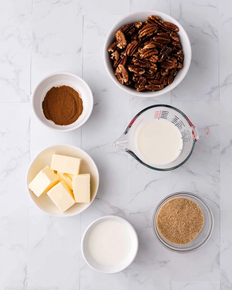 The image shows six small white bowls and measuring cups arranged on a white marbled surface. Starting from the top center, one bowl holds a mix of dark and light brown pecan nuts with a textured, wrinkled surface. To its top left is a small white bowl containing a small heap of brown cinnamon powder. Below the pecans to the right is a clear measuring cup filled with smooth, white milk, marked with black measurement lines. Below the cinnamon powder is an empty small white bowl. To the bottom left is a white bowl with pale yellow, solid butter pieces. Finally, at the bottom right is a clear measuring cup filled with light brown packed sugar that looks grainy. The setup is clean and bright, with all items well spaced. Photo taken with an iphone --ar 4:5 --v 7