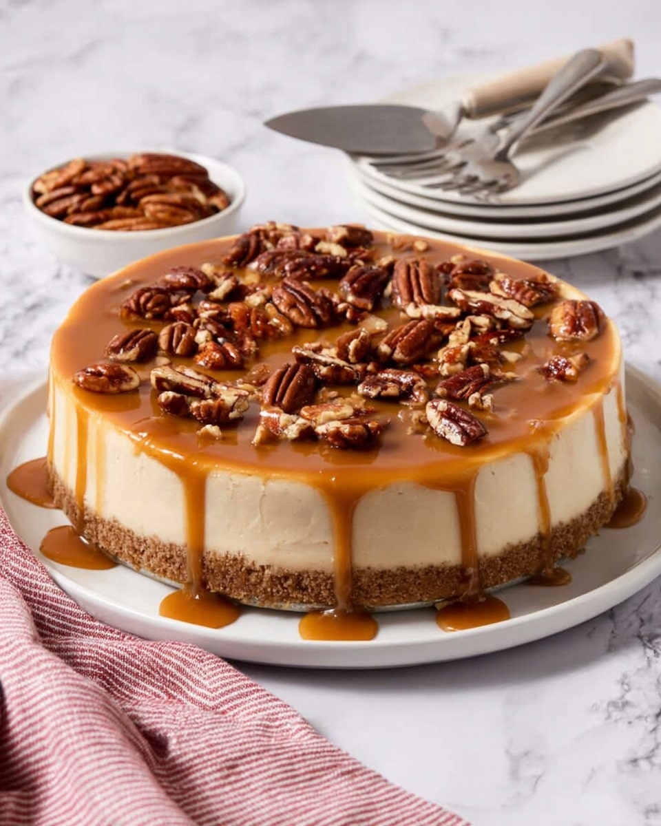 A round cheesecake with three visible layers sits on a white plate over a white marbled surface. The bottom layer is a thick, crumbly brown crust, the middle layer is a smooth, creamy light beige filling, and the top layer is a shiny caramel sauce drizzled evenly across the cake, with scattered dark brown pecan pieces on top and a few dripping down the sides. Next to the cake, there is a small white bowl filled with pecans, a cake server with some caramel on it, and a stack of white plates with silver forks. A woman's hand is reaching in slightly from the left bottom corner, holding the edge of a pink and white striped cloth. photo taken with an iphone --ar 4:5 --v 7