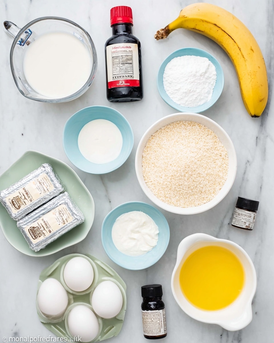 The image shows ingredients arranged neatly on a white marbled surface. At the top left is a clear glass measuring cup filled with white liquid, and next to it is a black bottle with a red cap labeled banana extract. Below them, there is a whole yellow banana placed horizontally. Around the banana, there are light blue bowls holding white powdered sugar, a light foam or blended mixture, and white cream or sour cream. On the left side, there are two blocks of cream cheese wrapped in silver and white packaging placed near a large white bowl filled with fine golden breadcrumbs or crushed crackers. Towards the bottom, four white eggs rest in a pale green egg holder. Near them, there is a small black bottle labeled vanilla extract, and next to it is a white measuring cup filled with bright yellow melted butter. The arrangement is clean and well-spaced, with each ingredient visible and distinct. Photo taken with an iphone --ar 4:5 --v 7