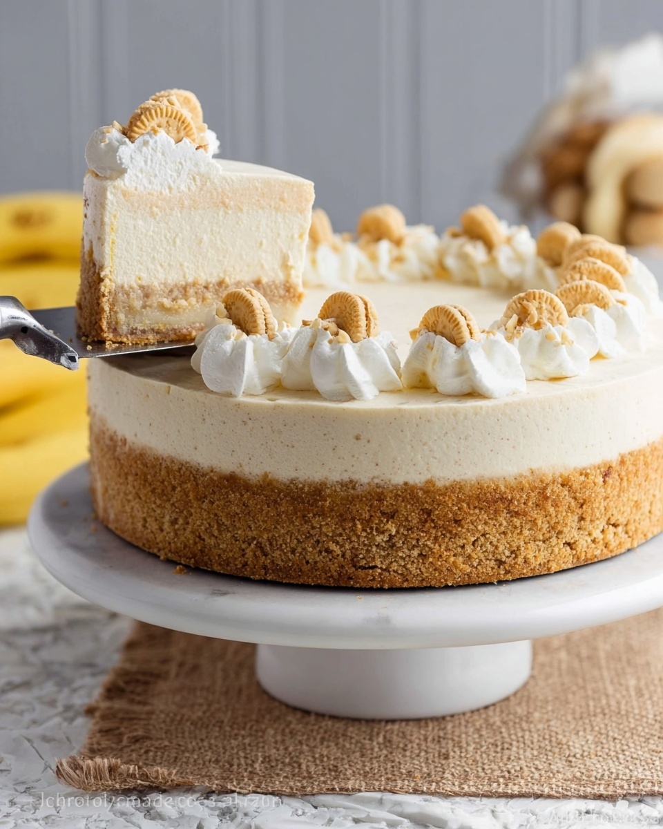 The image shows a round, three-layer cake on a white cake stand with a white marbled surface beneath. The bottom layer is thick and golden, with a crumbly texture. The middle layer is creamy and light beige, smooth and dense. The top layer is a white, fluffy layer of whipped cream decorated with small cookie pieces and dollops of whipped cream evenly spaced around the edge. A slice is being lifted from the cake with a metal spatula that has a wooden handle, revealing the inside texture of the cake. There are yellow bananas blurred in the background. Photo taken with an iphone --ar 4:5 --v 7