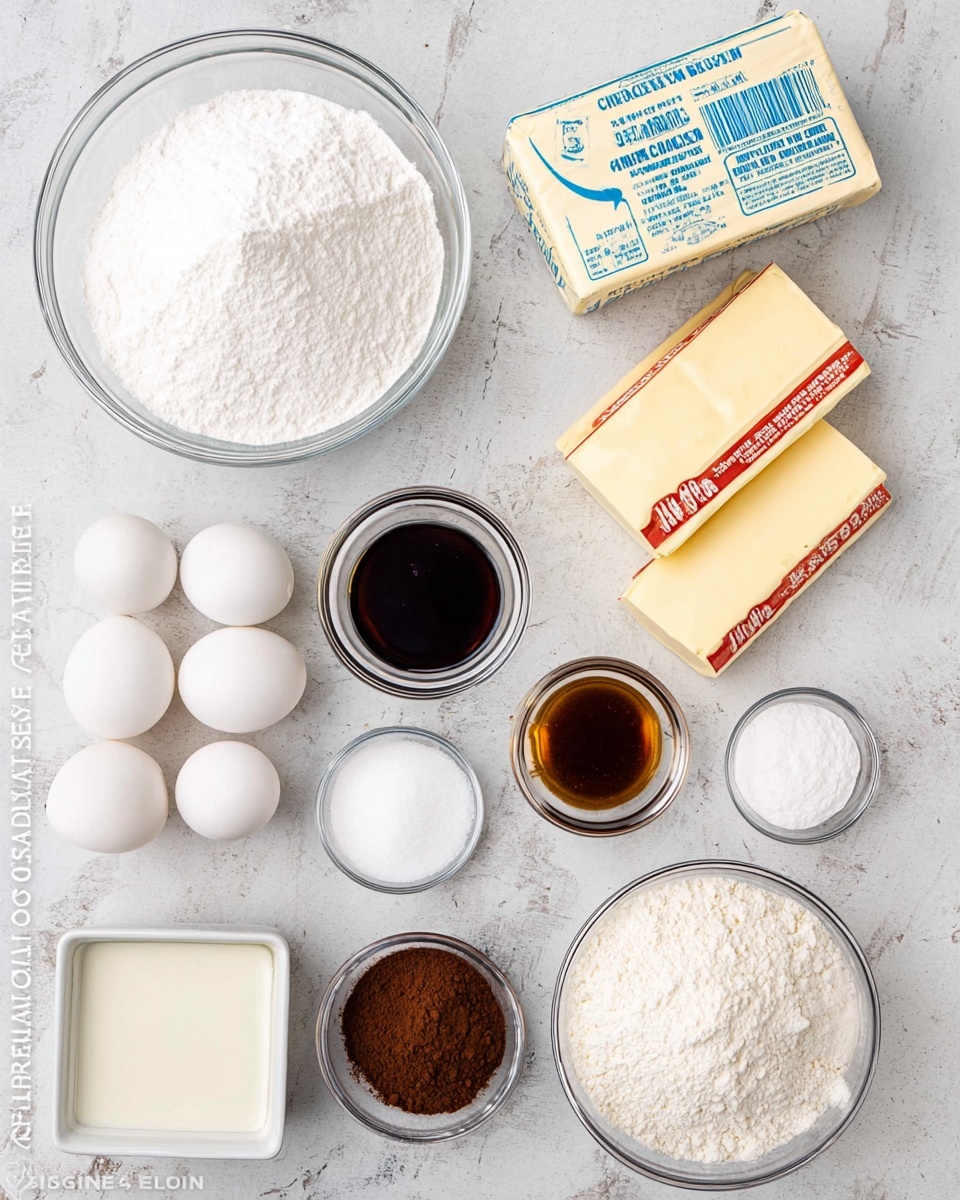 A clear glass bowl on the top left holds a large pile of white powdered sugar with a smooth texture. Below it is an unopened block of cream cheese wrapped in white foil printed with blue text, placed flat on the white marbled surface. To the right of these are two small transparent glass bowls with white granulated salt and baking soda, next to two sticks of butter in yellow wrapper with red text lying flat. Below them is a transparent glass measuring cup filled with dark brown vanilla extract. To the bottom left, there is a small white square dish containing white flour, and next to it a round clear bowl with three white eggs. Below this is a small glass container filled with white milk. On the right bottom side, a transparent bowl filled with white granulated sugar sits next to a small bottle of dark brown vanilla extract with a blue cap lying flat. Near the center, a round glass bowl contains dark brown cocoa powder with coarse texture. All items are arranged neatly on the white marbled texture surface. photo taken with an iphone --ar 4:5 --v 7